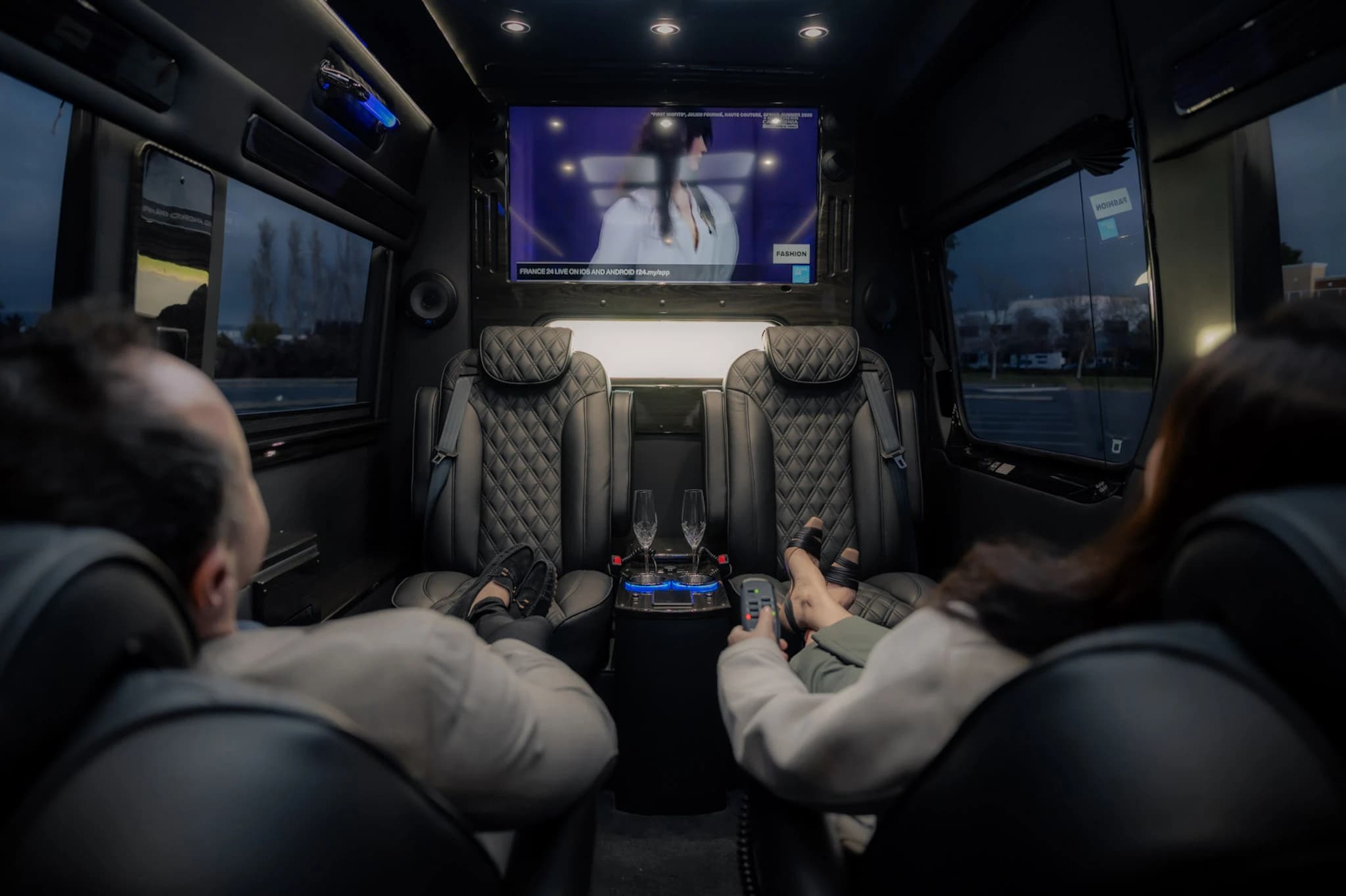 Stream your favorite content on a large widescreen smart TV — perfect for wine tours, airport transfers, and long-distance corporate travel across the Bay Area.