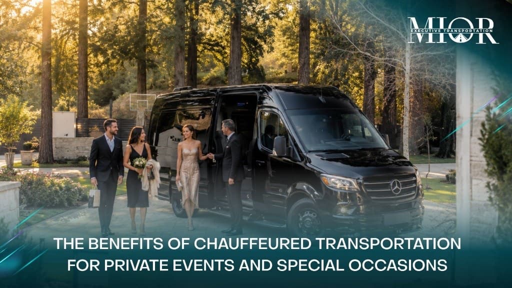 Chauffeur greeting formally dressed guests beside a black Mercedes-Benz Sprinter at a private estate — the benefits of chauffeured transportation for private events and special occasions