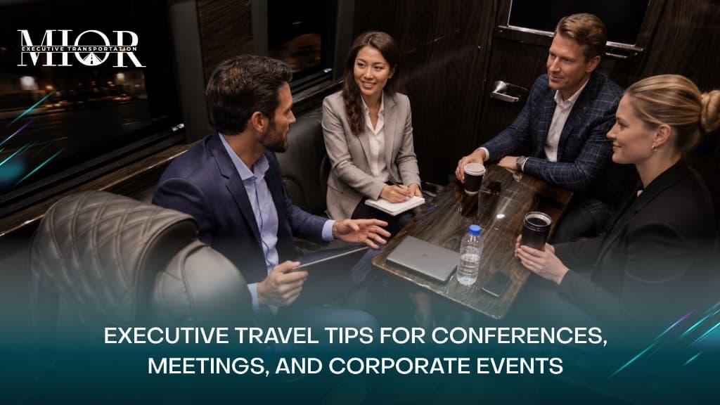 Executives meeting around a table inside a private Sprinter cabin — executive travel tips for conferences, meetings, and corporate events