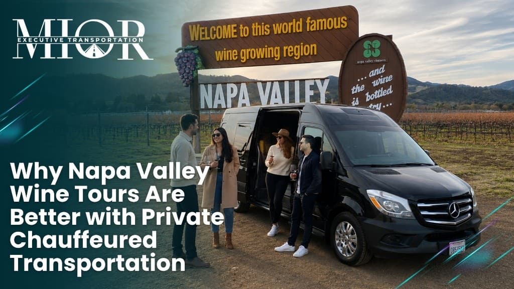 Group with wine glasses beside a black Mercedes-Benz Sprinter at the Napa Valley welcome sign — why Napa Valley wine tours are better with private chauffeured transportation